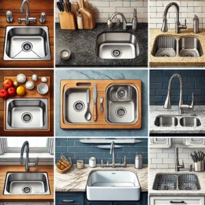 A side-by-side comparison of different types of kitchen sinks, including stainless steel, granite composite, and farmhouse style. best kitchen sinks