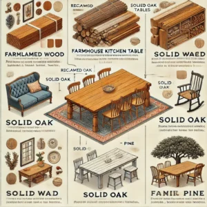 Visual guide showcasing the best materials for farmhouse kitchen tables, including reclaimed wood, oak, and pine