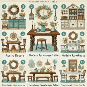 Infographic showcasing styling options for farmhouse kitchen tables, including rustic decor, modern aesthetics, and seasonal decorations.