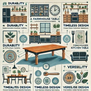 Infographic outlining the benefits of farmhouse kitchen tables, such as durability, timeless design, and versatility