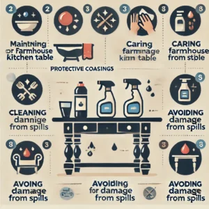 Infographic offering maintenance tips for farmhouse kitchen tables, including cleaning methods and protective coatings.