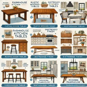 Infographic displaying various farmhouse kitchen table styles, including rustic, distressed, and modern farmhouse designs