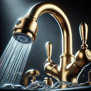 A close-up of a high-end brass kitchen faucet with water flowing from the spout, showcasing its sleek finish, ergonomic handle, and luxurious design.