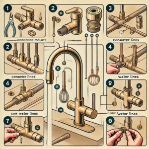 A step-by-step illustration detailing how to install a brass kitchen faucet, including mounting, connecting water lines, and securing the fixture, in a clear and instructional layout.