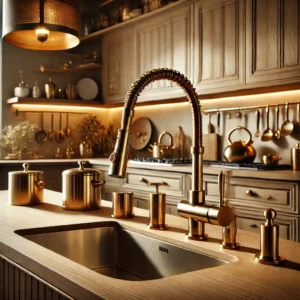 A stylish kitchen interior showcasing a brass kitchen faucet as the focal point, surrounded by matching brass hardware and modern decor in a warm, high-end setting.