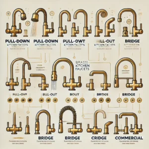 An infographic comparing pull-down, pull-out, bridge, and commercial brass kitchen faucets, highlighting their unique features and benefits in a clean, modern design.