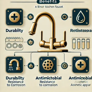 An infographic highlighting the benefits of brass kitchen faucets, including durability, corrosion resistance, antimicrobial properties, and aesthetic appeal, presented with clear icons and a clean design.