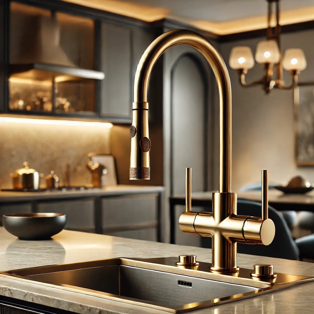 A modern brass kitchen faucet with a high-arch spout and single-handle design, installed in a stylish kitchen sink with a marble countertop