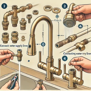 A step-by-step installation guide for a brass kitchen faucet, showing how to connect water supply lines, secure the faucet, and attach the sprayer