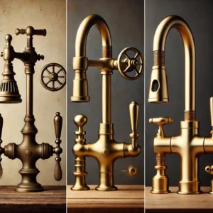 A side-by-side comparison of three brass kitchen faucet styles—traditional, modern, and industrial—showing unique spout designs and handle types