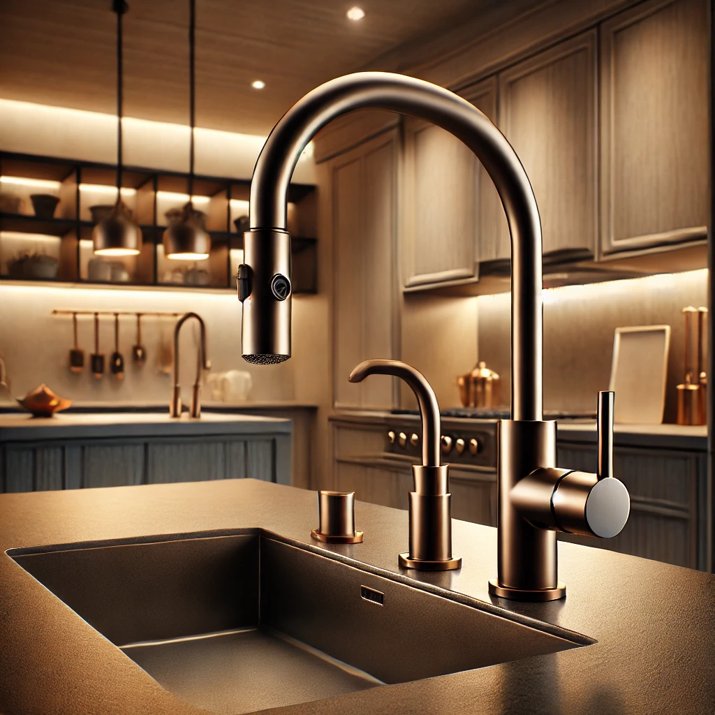 A stylish bronze kitchen faucet with a high-arch spout in a modern kitchen, featuring elegant countertops, warm lighting, and minimalist decor