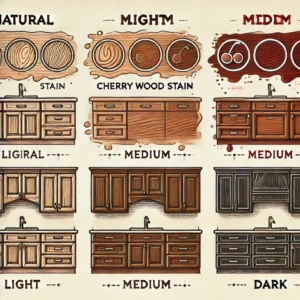 Illustration showing different cherry wood stain options for kitchen cabinets, including natural, light, medium, and dark stains, presented in a visually appealing format