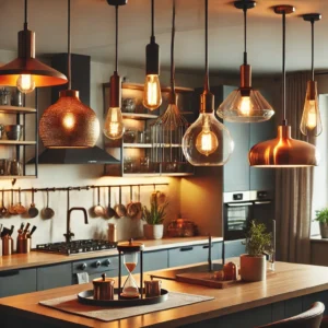 A close-up of pendant lights hanging above a kitchen island, highlighting different stylish designs and warm lighting.