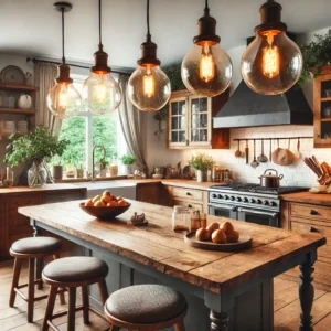 A cozy farmhouse-style kitchen with rustic pendant lights above a wooden kitchen island, creating a warm and inviting ambiance.