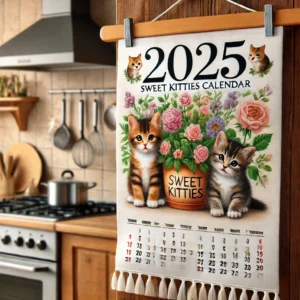 2025 Sweet Kitties Calendar Kitchen Towel displayed on a wall with dowel and cord, enhancing kitchen decor