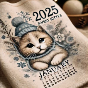 January kitten illustration from the 2025 Sweet Kitties Calendar Kitchen Towel, featuring a cozy kitten with winter accents