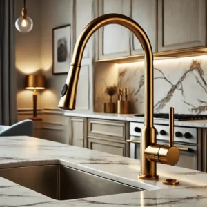 A stylish brass kitchen faucet with a high-arch spout and single-handle design, installed in a modern kitchen with a marble countertop and white backsplash