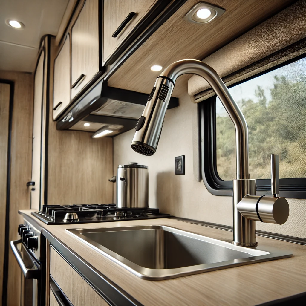 A modern RV kitchen featuring a stylish stainless steel faucet with a pull-down sprayer, designed for compact and efficient use.