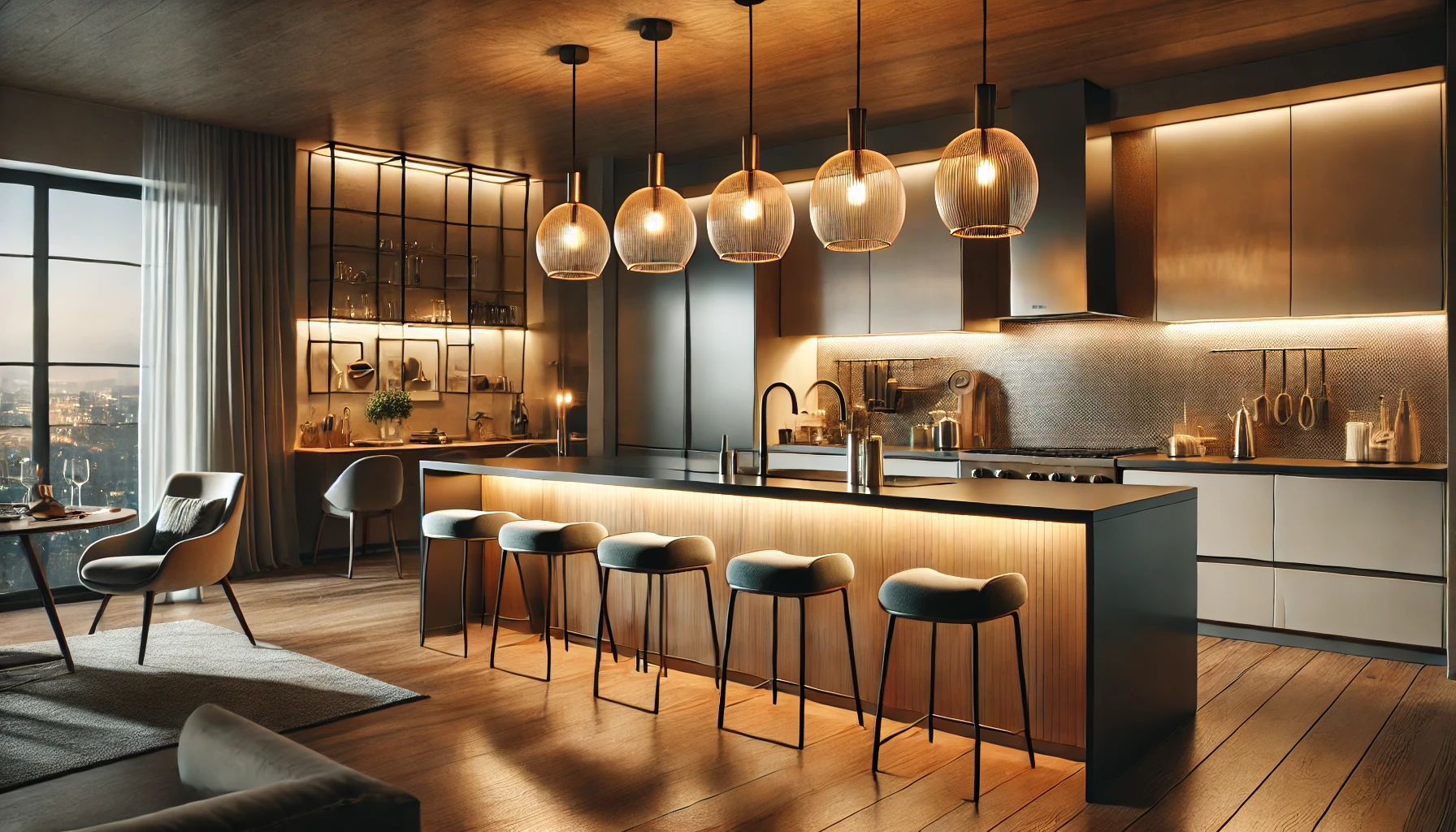 A modern kitchen with a stylish kitchen island illuminated by elegant pendant lights, creating a cozy and inviting atmosphere