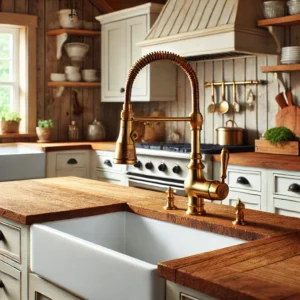 A brass kitchen faucet with a pull-down sprayer installed in a rustic farmhouse kitchen with wooden countertops, white cabinets, and a deep apron-front sink