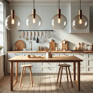 A Scandinavian-style kitchen with minimalist pendant lights hanging above a wooden island, creating a clean and elegant look.