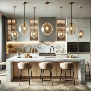 A bright and spacious kitchen featuring three pendant lights above a marble kitchen island, creating a luxurious and modern aesthetic.