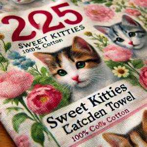 Close-up of the 2025 Sweet Kitties Calendar Kitchen Towel's cotton linen-look texture and high-quality print