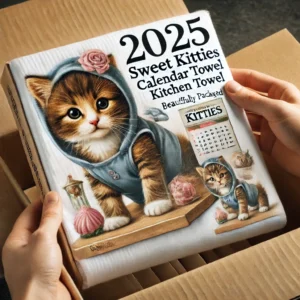 2025 Sweet Kitties Calendar Kitchen Towel packaged in a mailable gift box, perfect for gifting to cat lovers