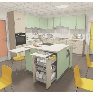 Accessible universal design kitchen zone with adjustable countertops, pull-out drawers, and ample maneuvering space.