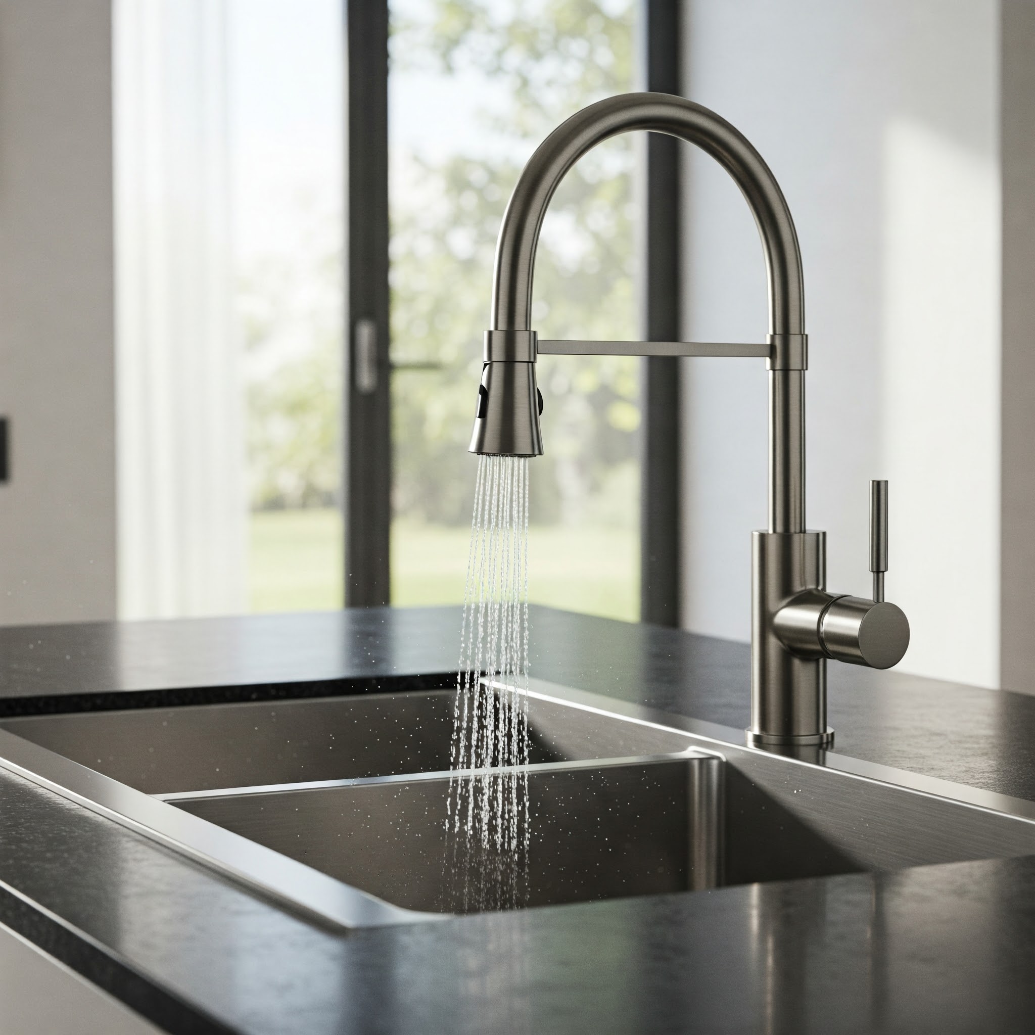 Modern brushed nickel kitchen faucet with a sleek single-handle design, showcasing its elegant finish and contemporary style.