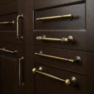 Variety of hardware styles on dark brown kitchen cabinets, including knobs and pulls.