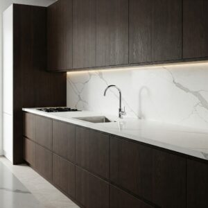 Contrast of dark brown kitchen cabinets paired with a bright, light-colored countertop.