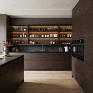 Dark brown kitchen cabinets combined with open shelving for display and accessibility.