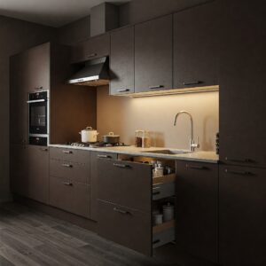Dark brown kitchen cabinets maximizing storage in a compact kitchen layout.