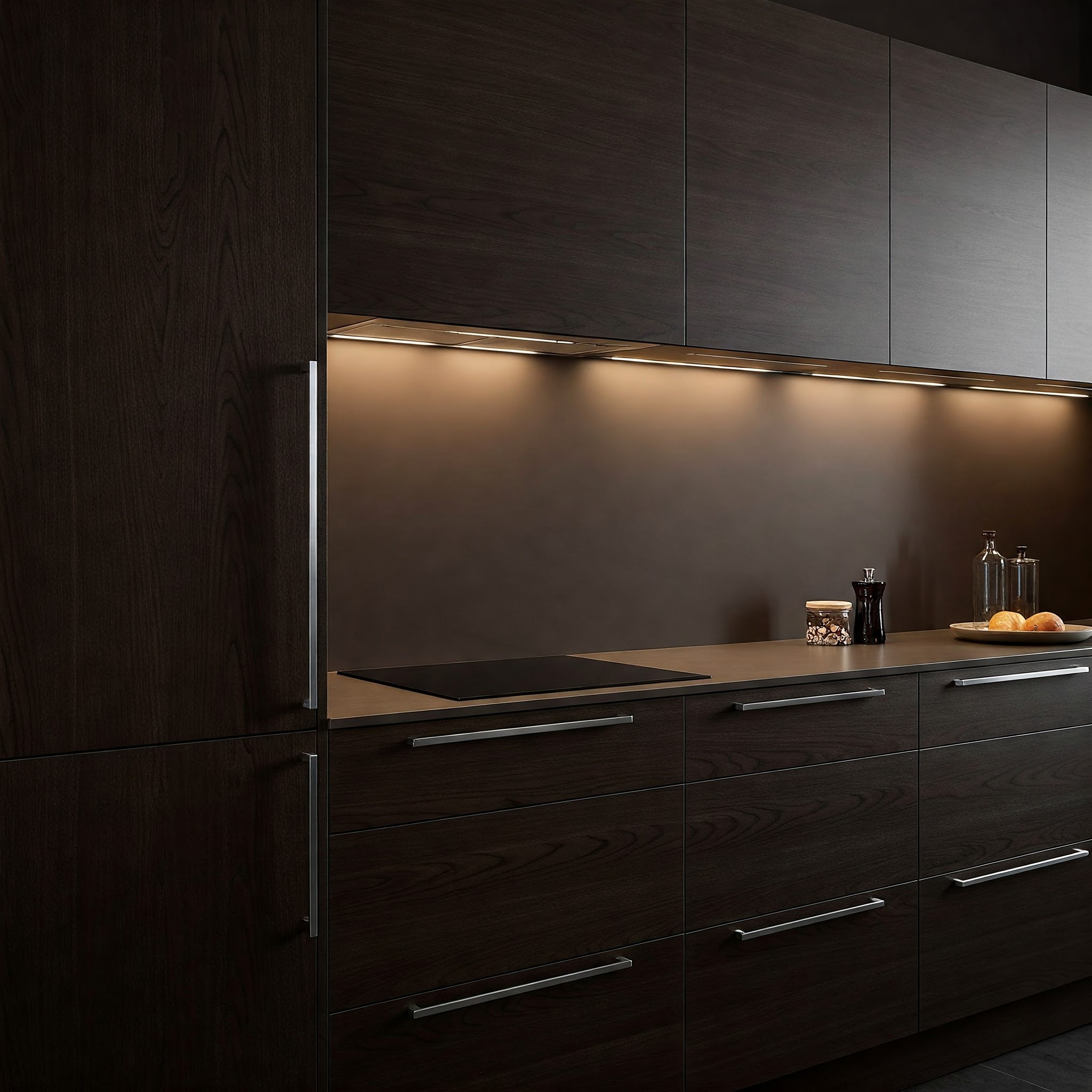 Elegant dark brown kitchen cabinets with a modern design, showcasing rich wood tones and stylish hardware.