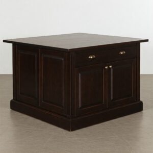 Dark brown kitchen cabinets featuring an island with cabinet storage and a countertop surface.