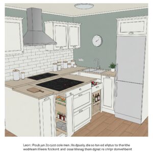 Illustration of an optimized kitchen layout designed for efficient workflow and fuel kitchen usage during cooking.
