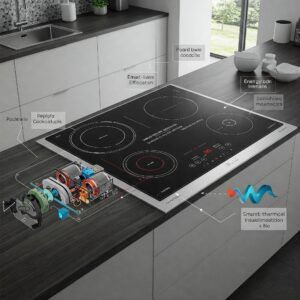 Diagram of an energy-efficient electric induction cooktop for a contemporary fuel kitchen.