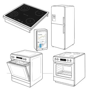 Line art illustration showcasing various energy-efficient appliances for a fuel kitchen.