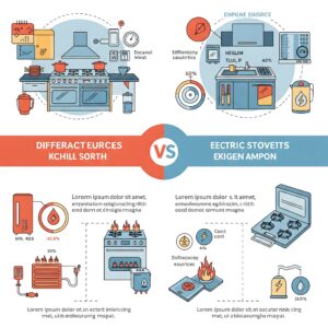 Infographic illustration comparing different fuel sources for a fuel kitchen, such as gas and electric.
