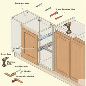 Diagram illustrating the process of installing new drawer slides inside a kitchen cabinet for drawer replacement. 