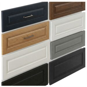 Examples of various kitchen drawer front styles for kitchen drawer replacement, including shaker and slab.