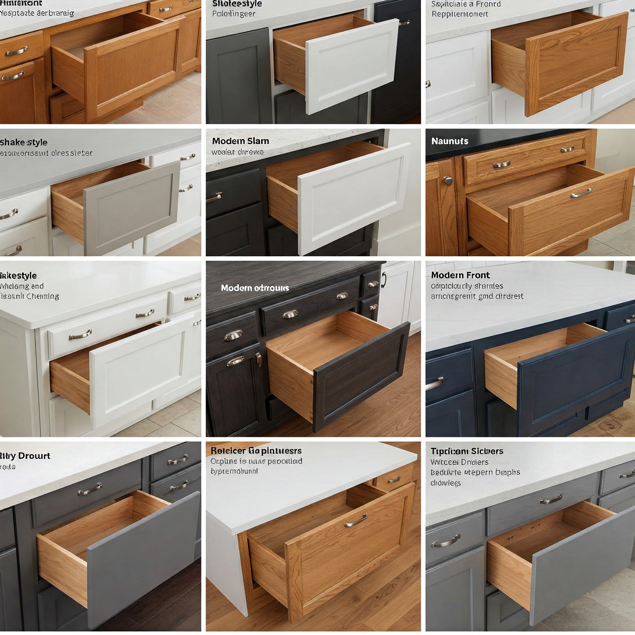 Various options for kitchen drawer replacement and styles showcased.