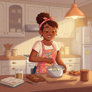 Illustration of Lola expertly preparing a signature dish in her kitchen, highlighting her culinary skills. lolas kitchen