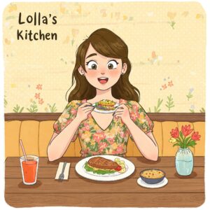 "Illustration of a customer enjoying a meal at Lola's Kitchen, highlighting the pleasant dining experience." lolas kitchen