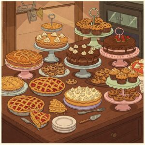 Illustration of Lola's Kitchen's delicious food display, featuring a variety of pies, cakes, and baked goods. lolas kitchen