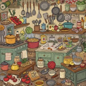 "Illustration of the fresh ingredients, and kitchen tools used in Lola's kitchen." lolas kitchen