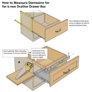 Step-by-step illustration of measuring the dimensions for a new kitchen drawer replacement box.