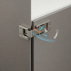 Illustration highlighting a modern soft-close hinge, a functional element of contemporary kitchen cabinet hardware. modern kitchen cabinet hardware