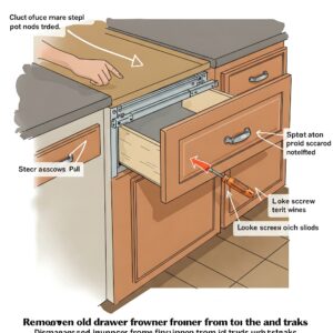 Illustration showing how to remove an old kitchen drawer for replacement from its tracks.